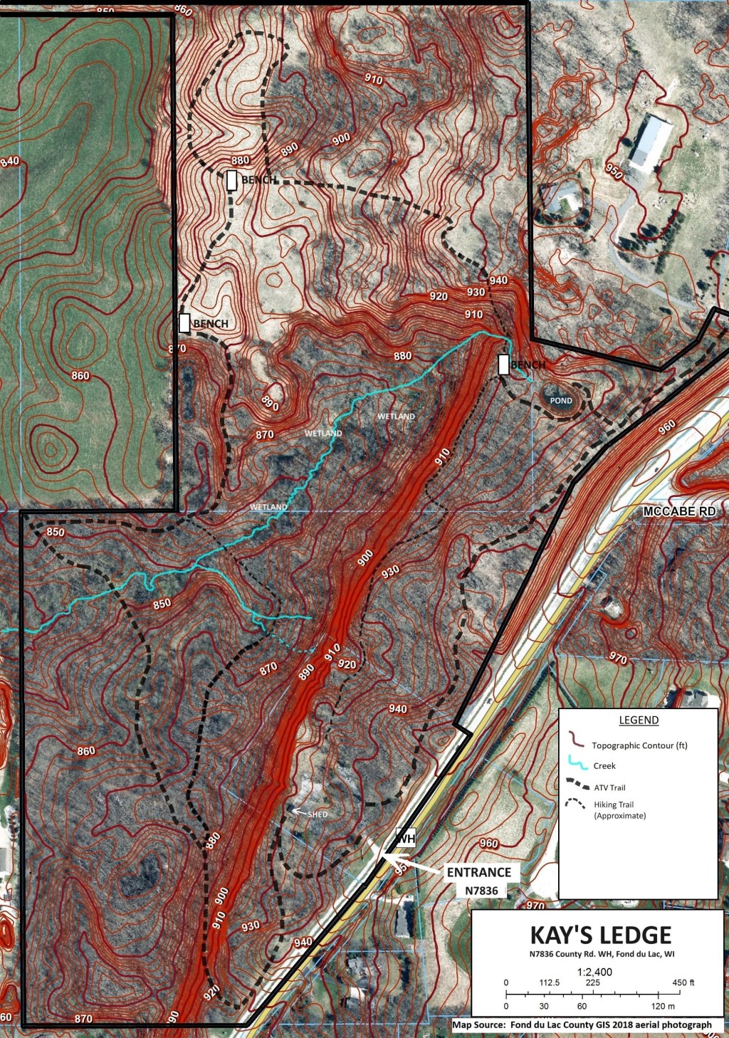 Trail map of Kay's Ledge showing topography, trails, wetlands, and property boundary